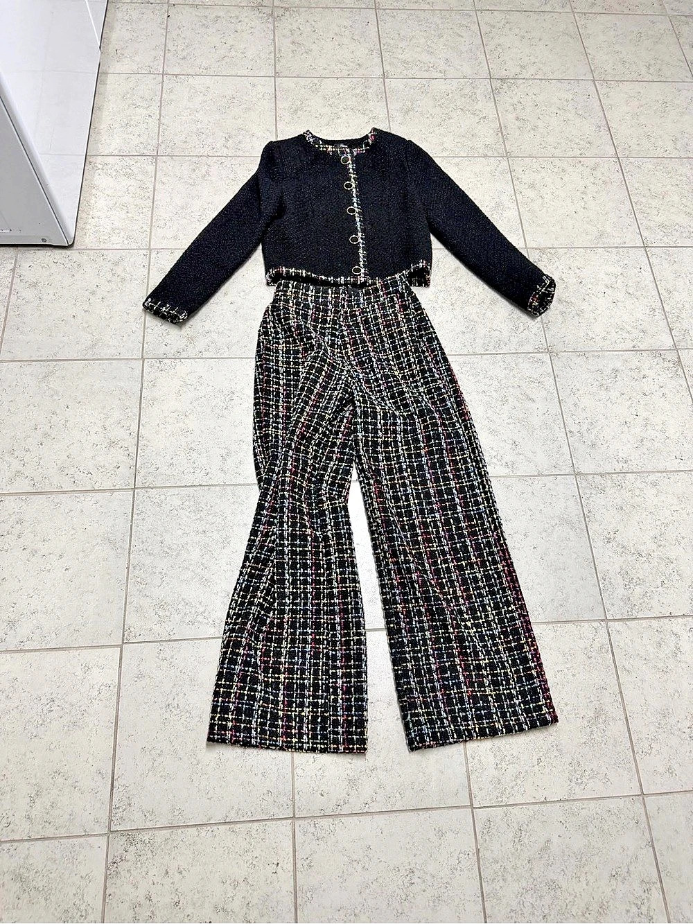 AQUA Plaid Wide-Leg Two-Piece Set Black & Multicolor Women’s XS Like New